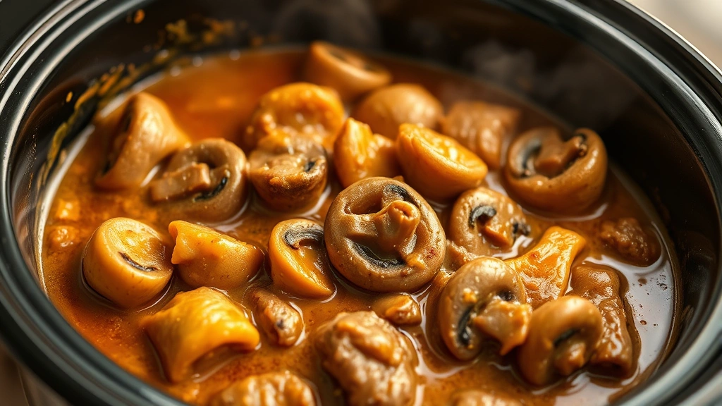 hero: creamy slow cooker keto casserole with tender meat and mushrooms in rich sauce, photorealistic, natural warm kitchen lighting, steam rising, no text or watermarks