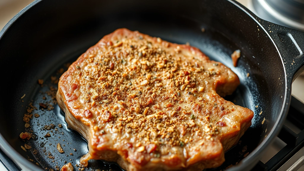 process: searing seasoned meat in cast iron skillet, golden brown crust forming, professional food photography, natural daylight, no text or watermarks