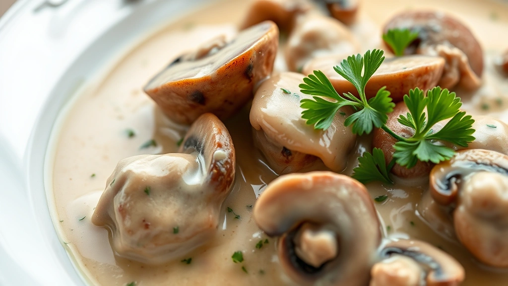 detail: close-up of creamy sauce coating tender meat and mushrooms, fresh parsley garnish, shallow depth of field, photorealistic, natural light, no text or watermarks