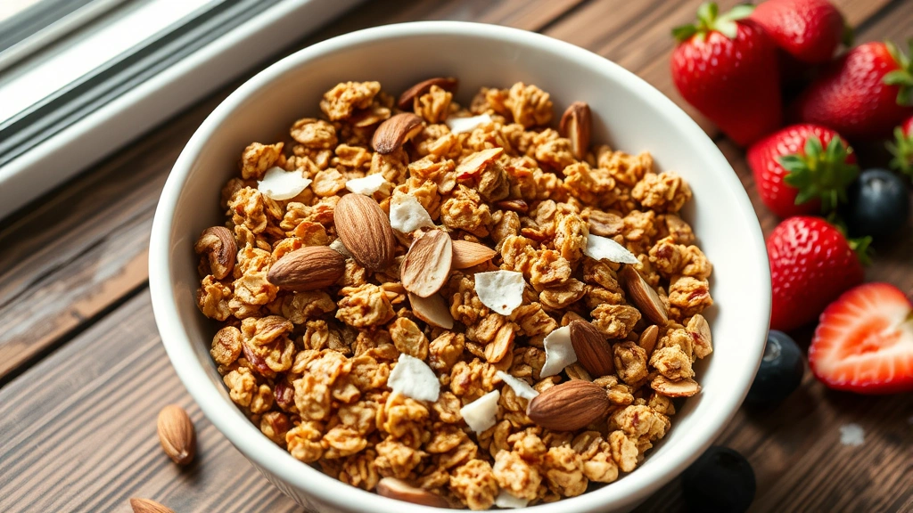 hero: golden crispy keto granola in a white ceramic bowl with almonds and coconut flakes visible, fresh berries on the side, natural window light, professional food photography, rustic wooden table background