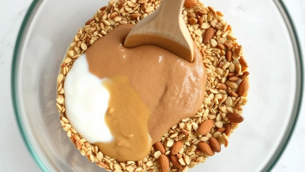 process: stirring wet ingredients into nuts and seeds in large glass mixing bowl, showing coating of almond butter and coconut oil mixture, natural kitchen lighting, action shot