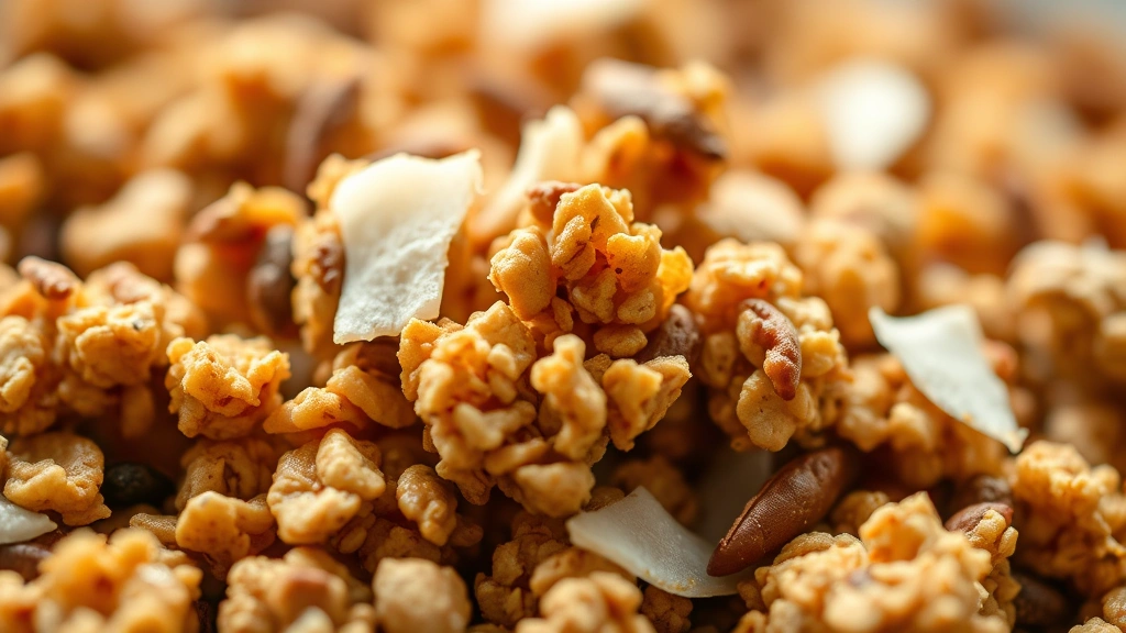 detail: close-up macro photography of golden baked granola clusters showing texture of nuts seeds and coconut flakes, shallow depth of field, warm natural light, professional food styling