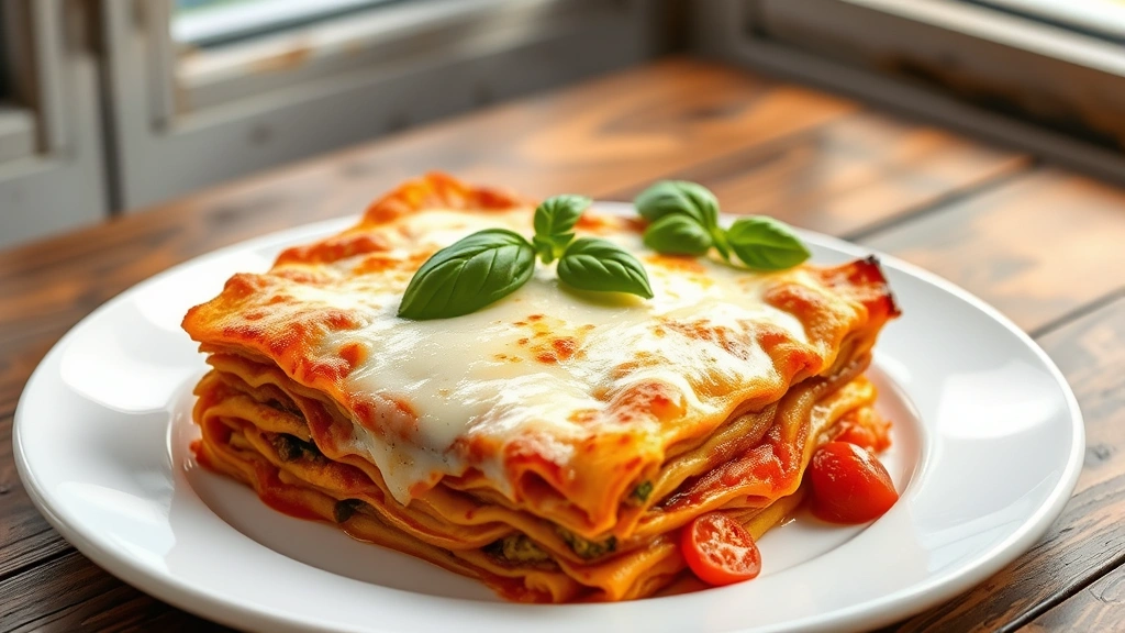hero: keto lasagna with melted mozzarella cheese on top, golden brown, steam rising, served on white plate, fresh basil garnish, rustic wooden table, natural window light, no text