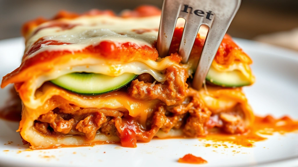 detail: close-up cross-section of baked keto lasagna showing layers of zucchini, cheese, and meat sauce, steam, fork piercing side, natural lighting, no text