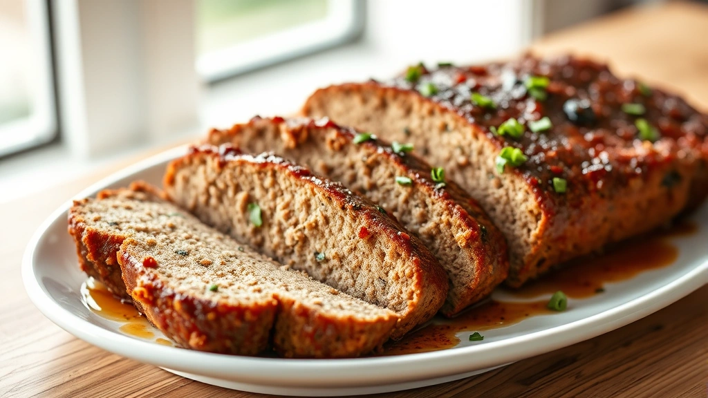 hero: sliced keto meatloaf on white plate with glaze, fresh herbs garnish, soft natural window light, professional food photography, no text