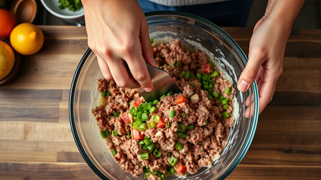process: hands mixing ground meat and ingredients in large bowl, overhead shot, natural kitchen lighting, vibrant colors, no text