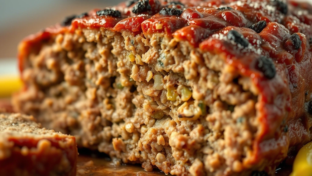 detail: close-up cross-section of cooked meatloaf showing texture and moisture, shallow depth of field, warm natural light, no text