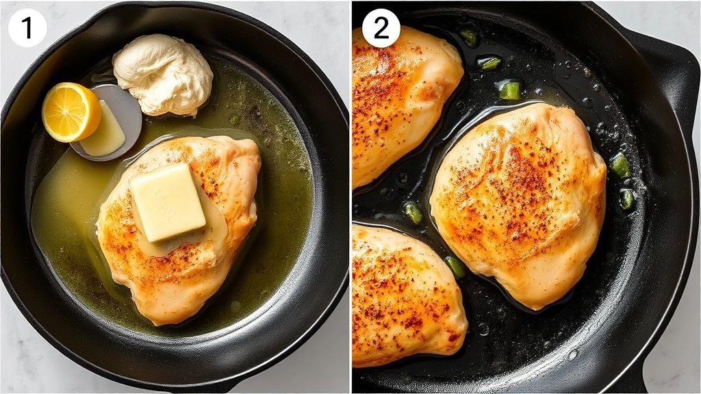 process: chicken breasts searing in cast iron skillet with melted butter foaming, golden crust forming, overhead angle, natural daylight, professional food photography, no text