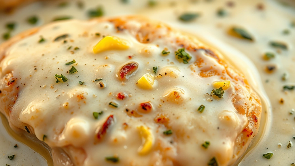 detail: close-up of creamy garlic sauce coating chicken, micro herbs and lemon zest visible, silky texture emphasis, warm golden lighting, macro photography style, no text