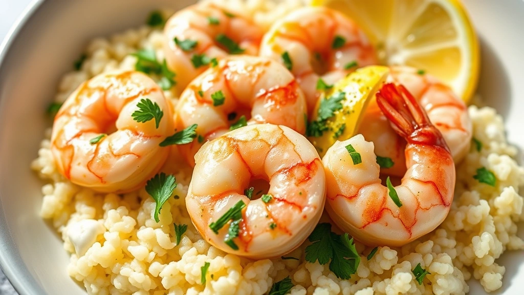 hero: succulent pink shrimp in creamy garlic butter sauce with fresh parsley and lemon zest, served over cauliflower rice, photorealistic, natural sunlight from left, no text