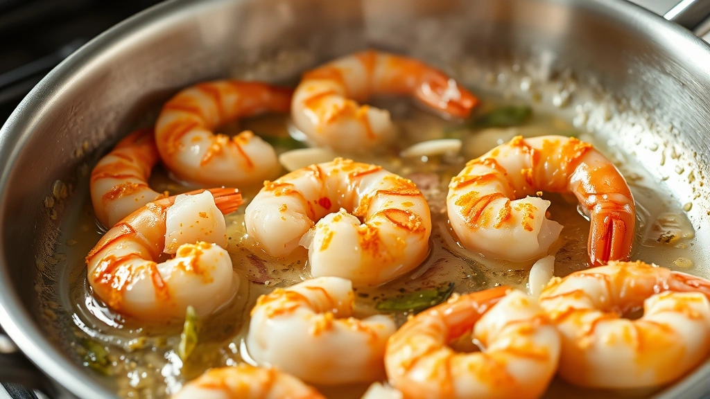 process: shrimp sizzling in butter and garlic in stainless steel skillet, golden crust forming on pink shrimp, steam rising, photorealistic, natural kitchen light, no text