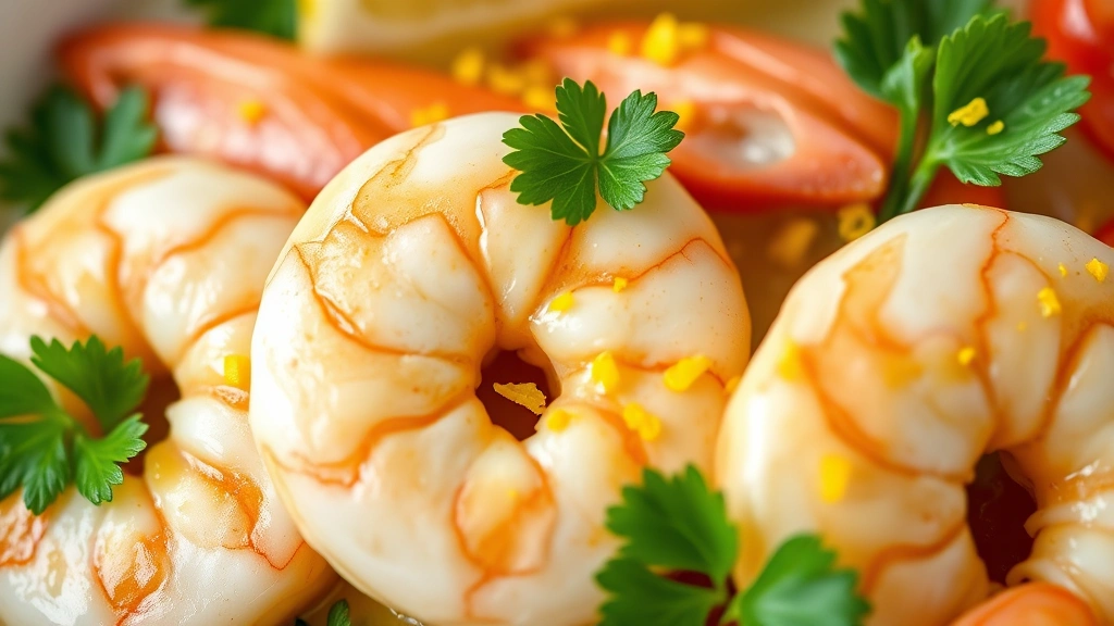 detail: close-up of three perfectly cooked shrimp glistening with garlic butter sauce, fresh parsley leaves and bright yellow lemon zest sprinkled on top, photorealistic, macro photography with natural light, no text