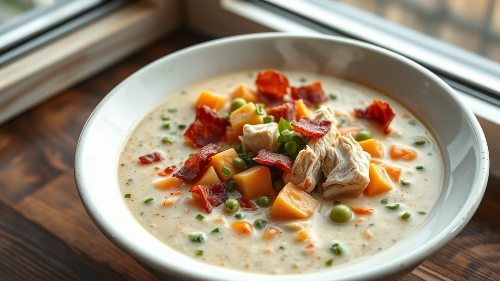 hero: bowl of creamy keto soup with vegetables, chicken, and bacon garnish, steaming, photorealistic, natural window lighting, rustic white bowl, no text