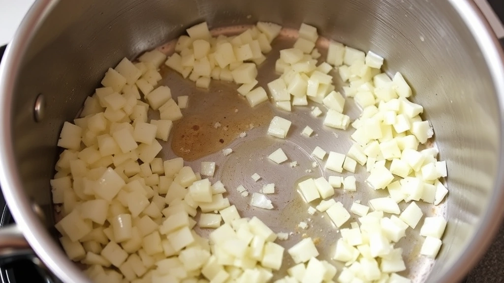 process: sautéing diced onions and garlic in butter in stainless steel pot, photorealistic, natural kitchen lighting, no text