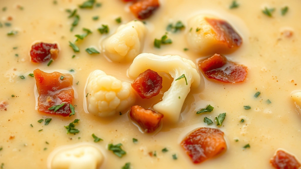 detail: close-up of creamy soup with visible cauliflower florets, herbs, and bacon pieces, photorealistic, natural diffused lighting, no text