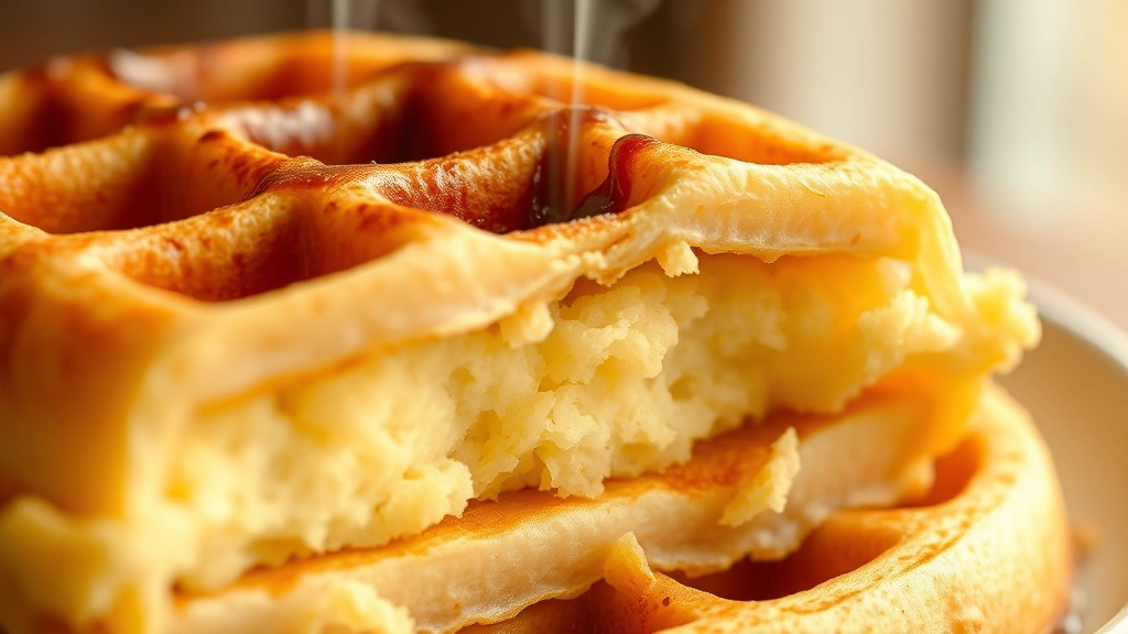 detail: close-up cross-section of keto waffle showing fluffy interior texture with steam rising, photorealistic, warm natural light, no text