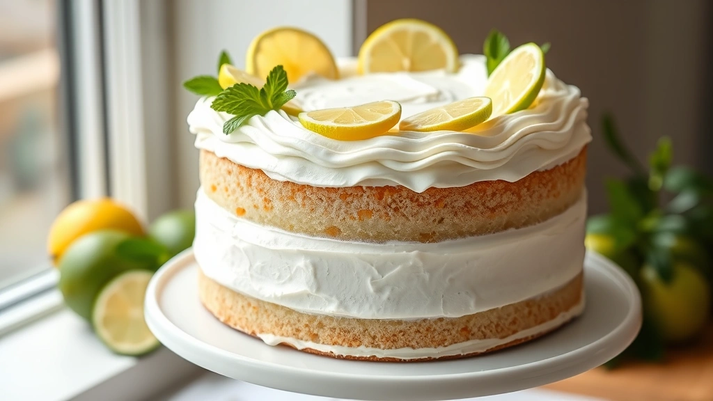 hero: Stunning two-layer key lime cake with fluffy whipped cream frosting, garnished with candied key lime slices and fresh mint, served on white cake stand, photorealistic, natural window light, no text
