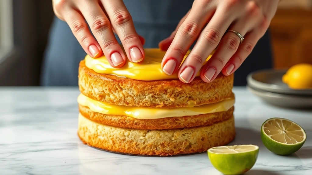 process: Hands spreading key lime curd filling between two golden cake layers, photorealistic, bright natural light, no text