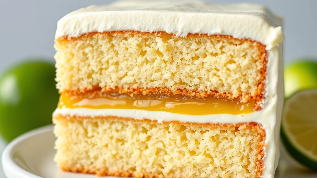 detail: Close-up cross-section of layered key lime cake showing moist cake, tangy curd filling, and creamy frosting layers, photorealistic, natural light, no text