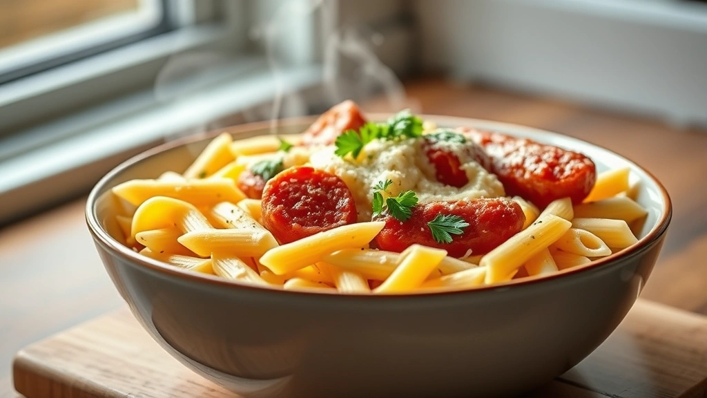 hero: steaming bowl of kielbasa and penne pasta with creamy sauce, fresh parsley garnish, parmesan cheese, photorealistic, natural window light, shallow depth of field, no text