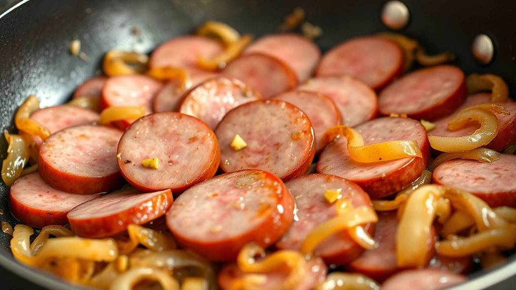 process: sliced kielbasa sizzling in skillet with golden caramelized onions and garlic, photorealistic, natural kitchen light, no text