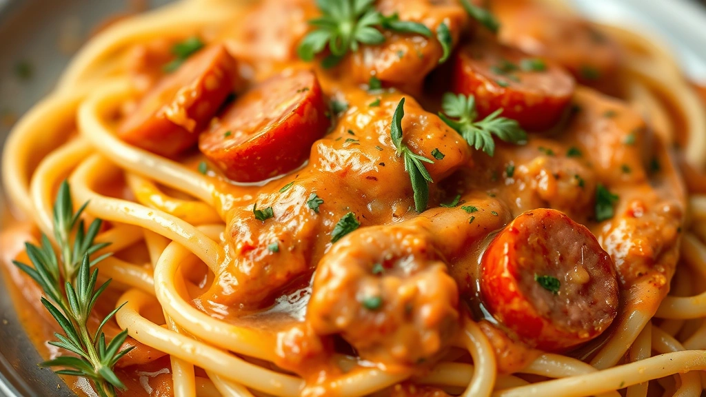 detail: close-up of creamy pasta coated in rich sauce with kielbasa rounds and fresh herbs, photorealistic, macro photography, natural light, no text