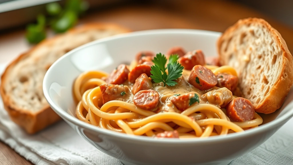 hero: creamy kielbasa pasta in white bowl with fresh parsley garnish, crusty bread on side, photorealistic, warm natural light from window, no text
