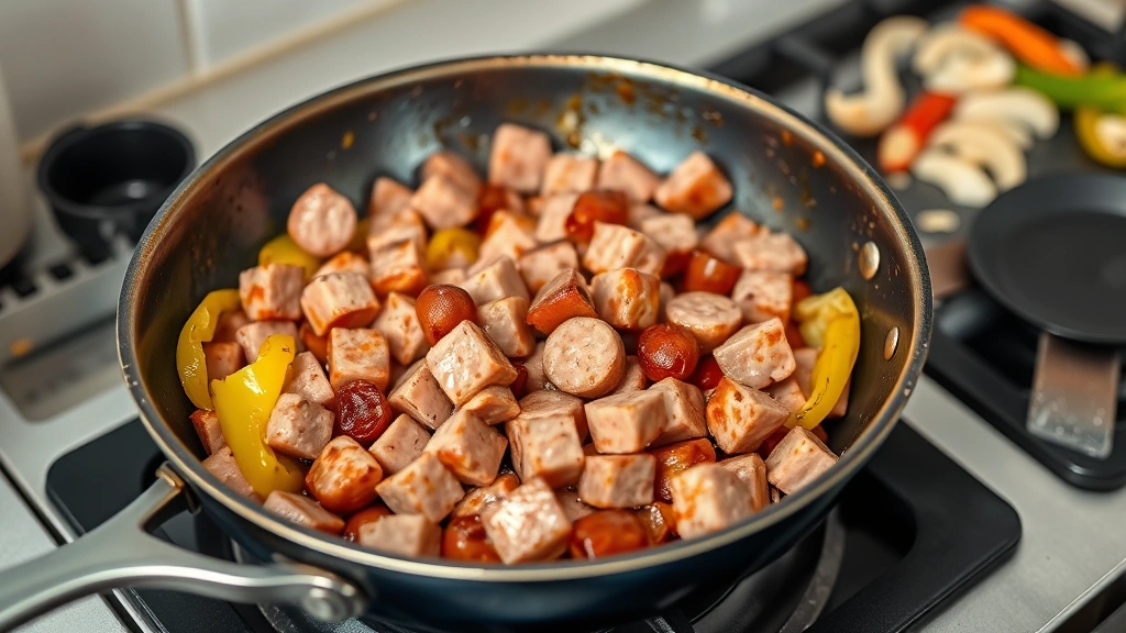 process: diced kielbasa browning in skillet with caramelized edges, bell peppers and onions sautéing beside it, photorealistic, bright kitchen lighting, no text