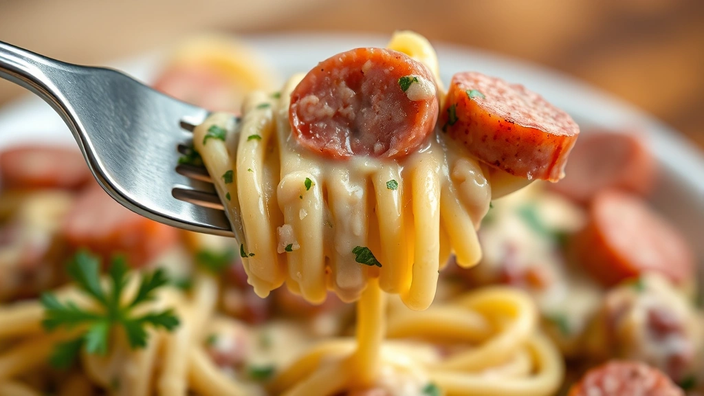 detail: close-up of forkful of pasta coated in creamy sauce with kielbasa slice, fresh herbs visible, photorealistic, shallow depth of field, warm natural light, no text