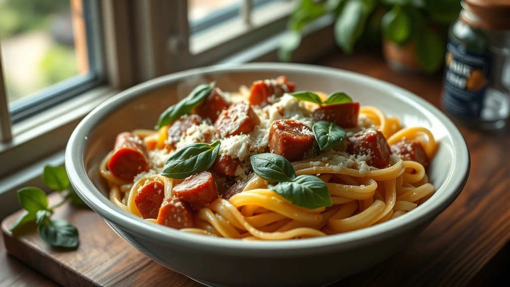 hero: steaming bowl of kielbasa pasta with fresh basil garnish and melted cheese, photorealistic, natural window light, no text, shallow depth of field