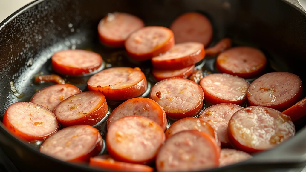 process: sliced kielbasa browning in cast iron skillet with caramelized edges, photorealistic, warm kitchen lighting, no text