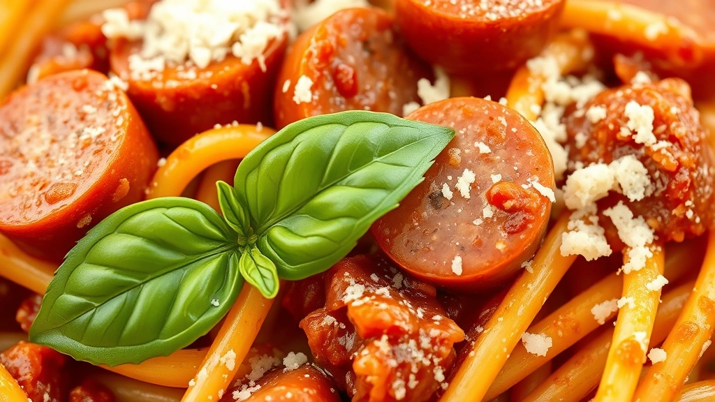 detail: close-up of kielbasa pasta with sauce coating, fresh basil leaf, grated Parmesan cheese, photorealistic, macro photography, natural light, no text