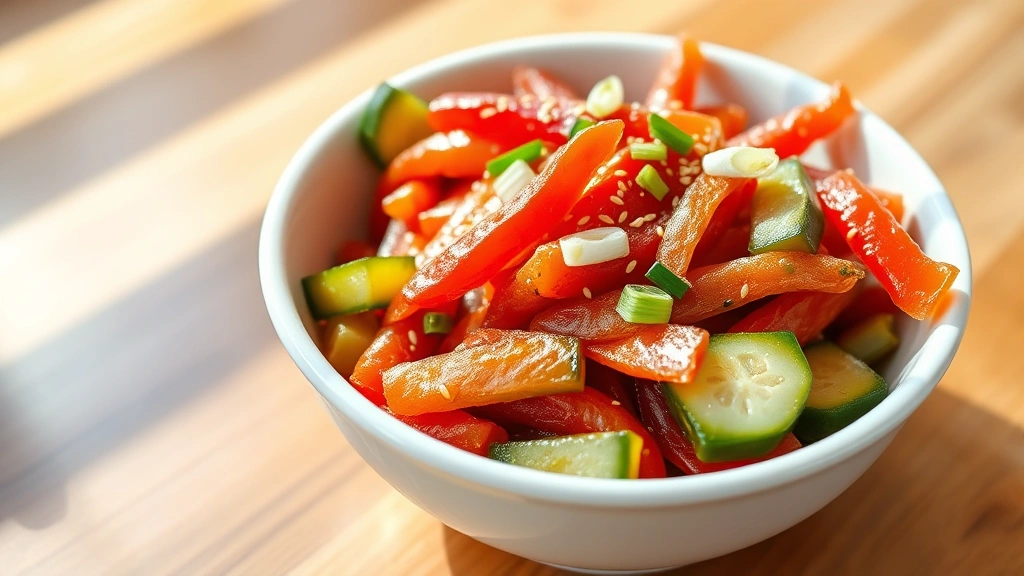 hero: bowl of vibrant red kimchi cucumber spears with sesame seeds and green onions, photorealistic, natural daylight streaming from left, clean white ceramic bowl, wooden table background, no text