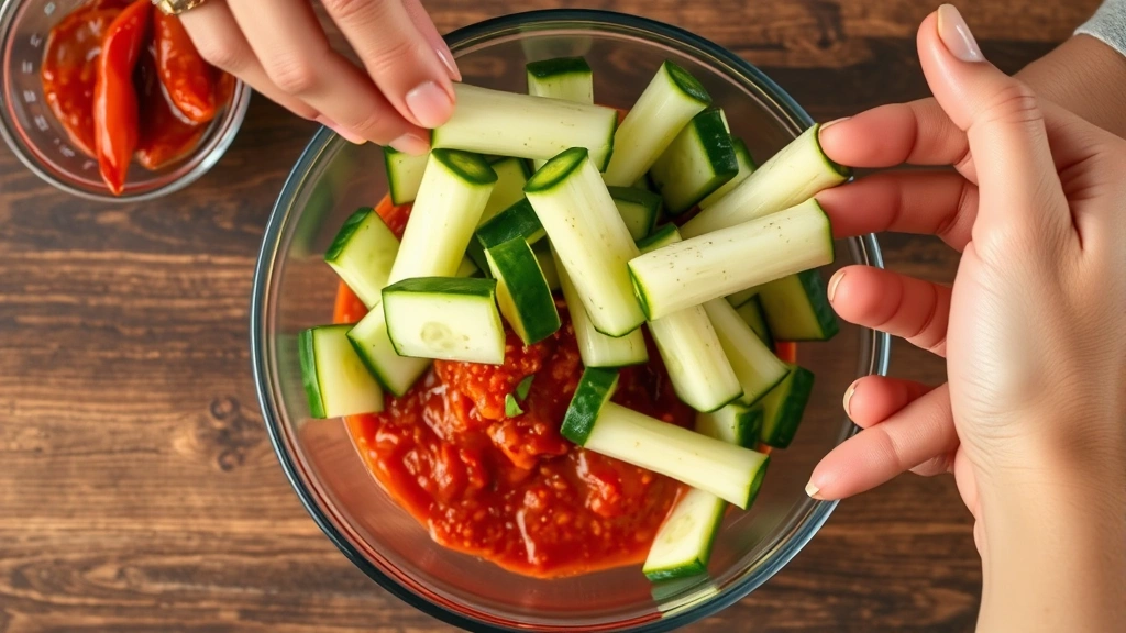 process: hands tossing cucumber spears with red gochugaru paste mixture in glass bowl, photorealistic, overhead angle, natural kitchen lighting, no text
