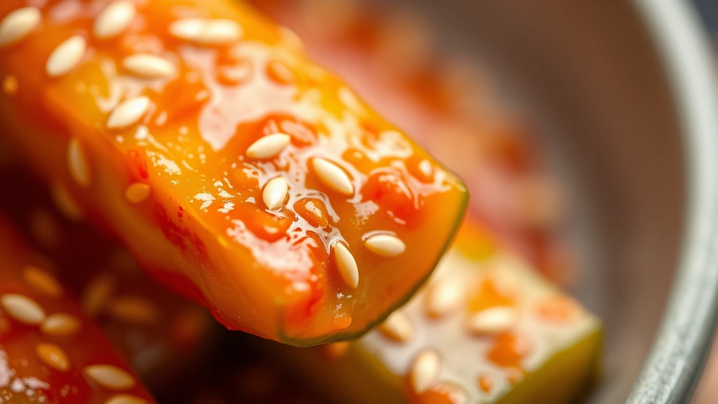 detail: close-up of single kimchi cucumber spear showing gochugaru coating and sesame seeds, photorealistic, macro photography, natural light, shallow depth of field, no text