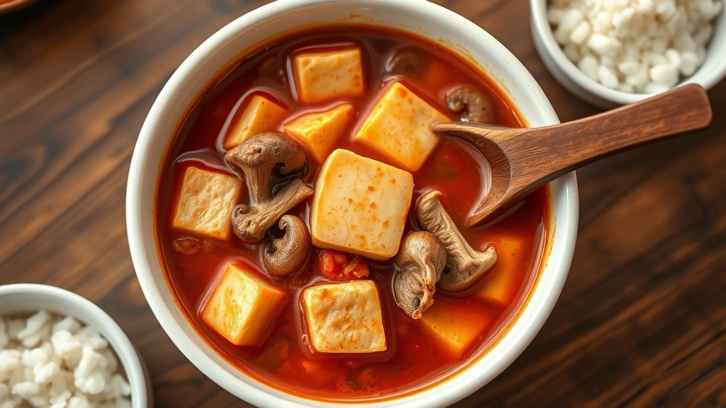hero: steaming bowl of kimchi stew with tofu cubes, pork, and mushrooms in rich red broth, served in white ceramic bowl with wooden spoon, rice bowl beside it, photorealistic, natural warm lighting, no text, shot from above