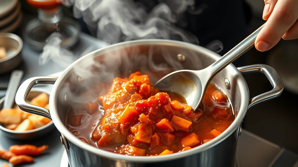 process: chef stirring kimchi and gochujang paste in pot with sesame oil, steam rising, ingredients visible, photorealistic, natural kitchen lighting, no text
