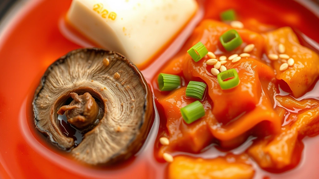 detail: close-up of tofu cube, mushroom slice, and kimchi in glossy red broth with sesame seeds and green onion garnish, photorealistic, natural lighting, shallow depth of field, no text
