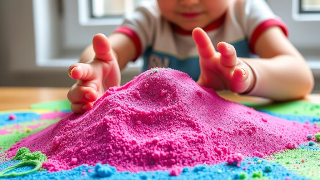 hero: vibrant colorful kinetic sand in bright pinks purples blues and greens, moldable stretchy texture, child hands shaping it, natural daylight from window, no text or watermarks