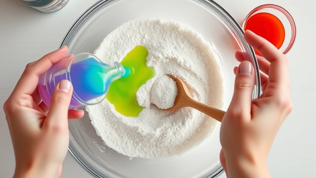 process: overhead shot of mixing cornstarch and sand in clear glass bowl, food coloring being poured, hands stirring with wooden spoon, bright natural kitchen lighting, no text