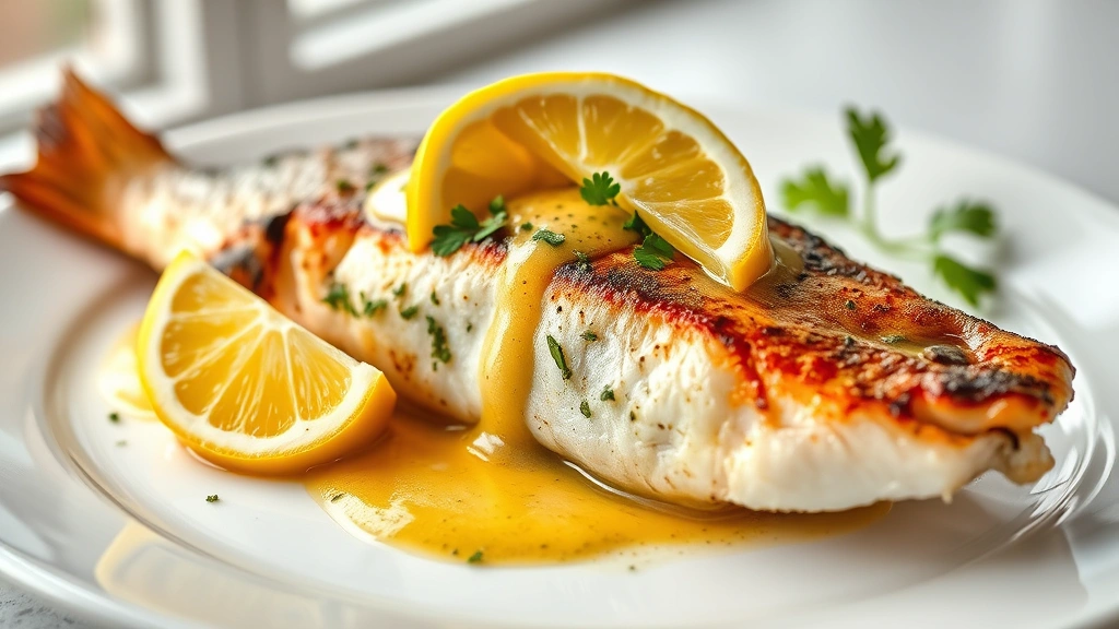 hero: perfectly seared king mackerel fillet with crispy golden skin, topped with herb butter sauce and fresh lemon wedges, garnished with parsley, plated elegantly on white dish, photorealistic, natural window light, no text