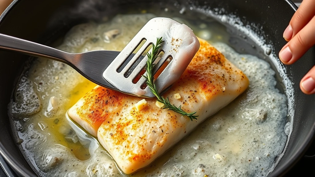 process: hand using fish spatula to gently flip golden-crusted mackerel fillet in skillet with foaming herb butter and fresh thyme rosemary, steam rising, photorealistic, natural light, no text