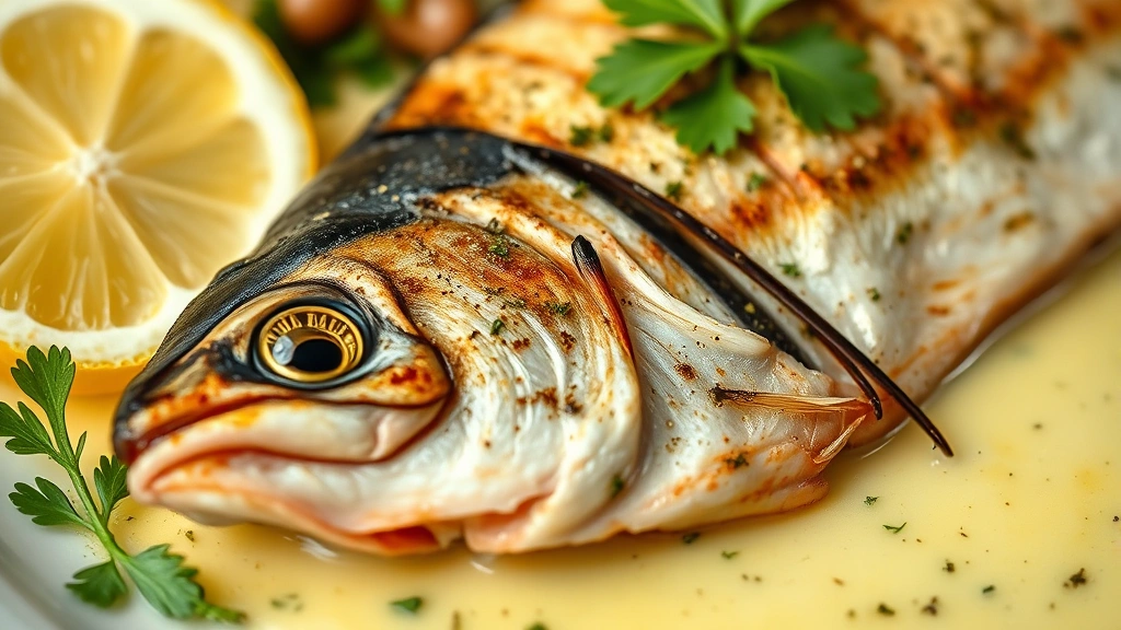 detail: close-up of crispy golden mackerel skin with herb butter sauce pooling around it, fresh lemon wedge and parsley garnish, photorealistic, shallow depth of field, natural light, no text
