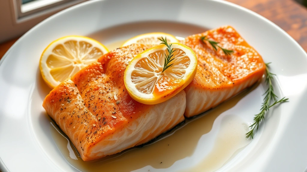 hero: beautifully plated king salmon fillet with crispy golden skin, fresh lemon slices, herb sprigs, and glossy butter sauce, served on white plate, natural window light, top-down angle