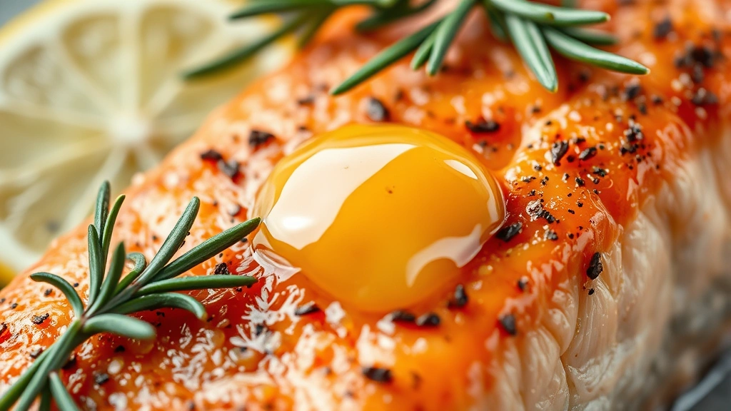 detail: close-up of crispy salmon skin with golden-brown texture, fresh thyme and rosemary herbs, lemon slice, and glistening butter droplets, macro photography, shallow depth of field
