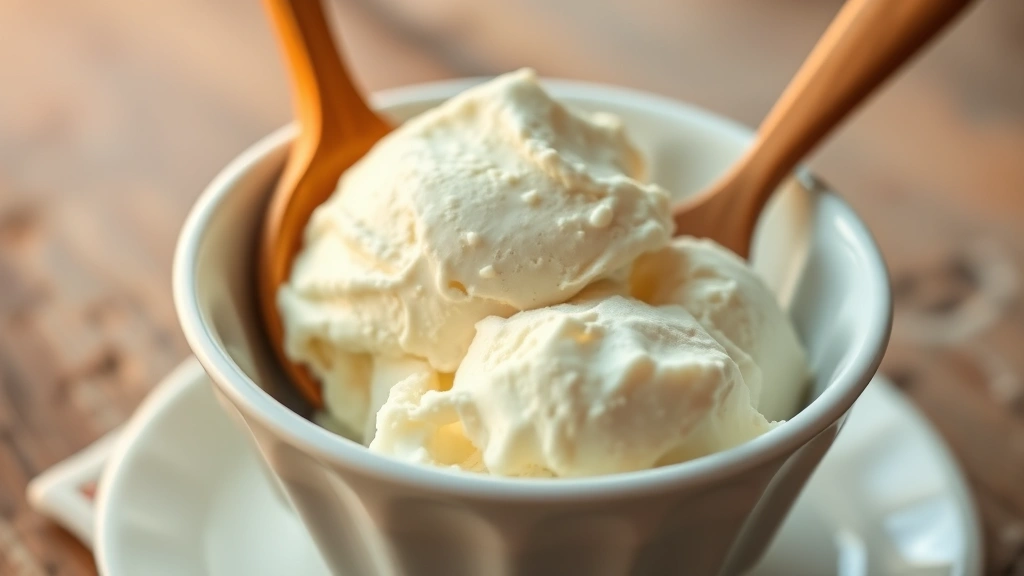 hero: homemade vanilla ice cream in vintage white bowl with wooden spoon, soft serve consistency, golden hour lighting, creamy texture clearly visible, no text or watermarks