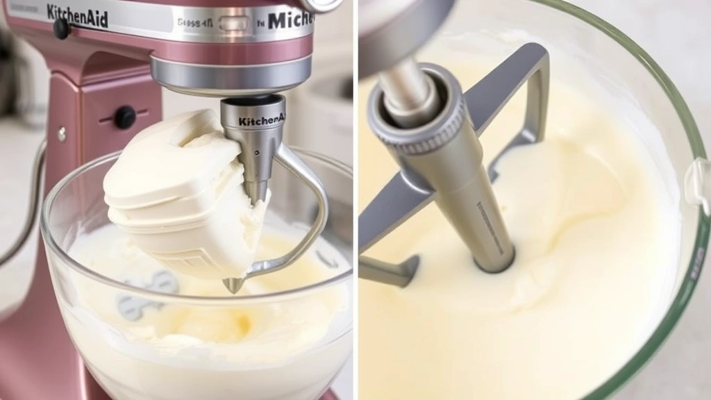 process: KitchenAid stand mixer with ice cream maker attachment churning pale ice cream mixture, close-up of dasher and frozen bowl, natural kitchen lighting, action shot, no text