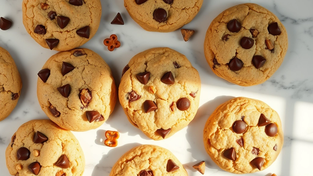 hero: overhead flat lay of finished kitchen sink cookies on a marble surface, showing chocolate chips, pretzels, toffee bits and mix-ins clearly visible, warm natural window light, soft shadows, no text or logos