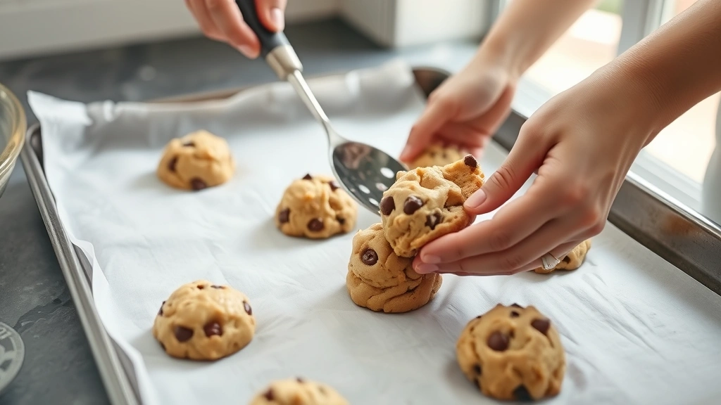 process: hands scooping cookie dough onto parchment-lined baking sheet, dough balls visible with mix-ins showing through, natural daylight from window, no text or logos