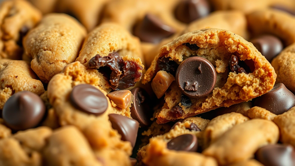 detail: extreme close-up macro shot of a single baked kitchen sink cookie broken in half showing chewy texture inside, chocolate chips and toffee bits in sharp focus, warm natural lighting, no text or logos